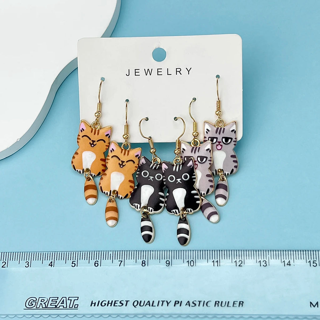 3 Pairs New Fun and Cute Enamel Alloy Hanging Tail Cat Dangle Earrings