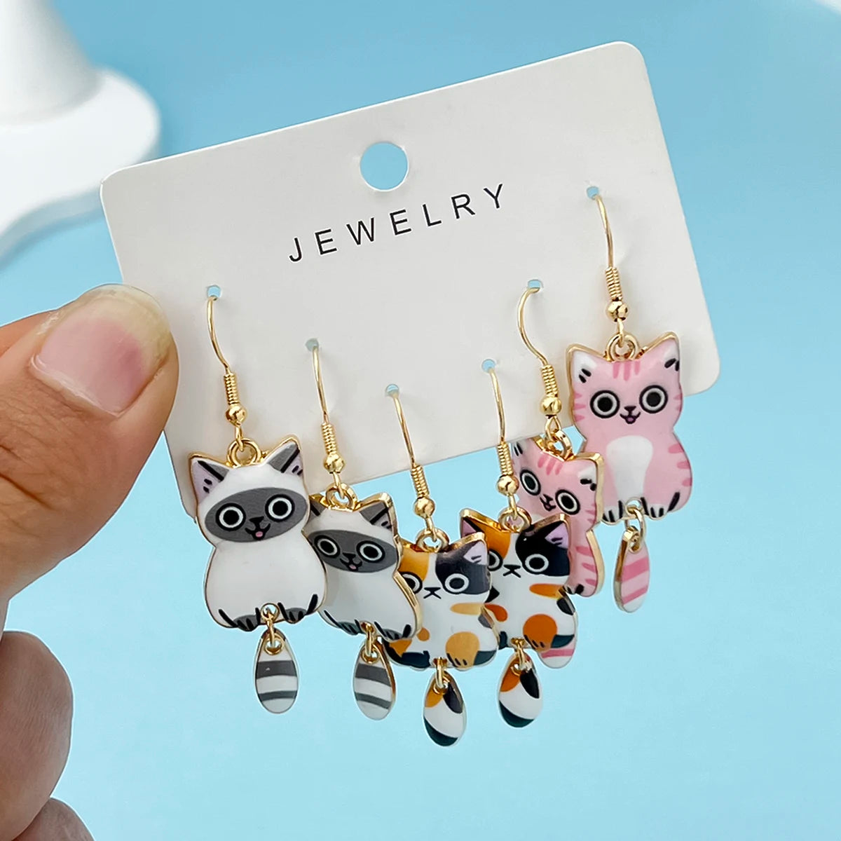 3 Pairs New Fun and Cute Enamel Alloy Hanging Tail Cat Dangle Earrings