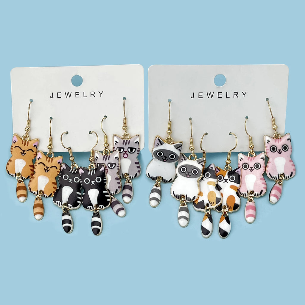 3 Pairs New Fun and Cute Enamel Alloy Hanging Tail Cat Dangle Earrings