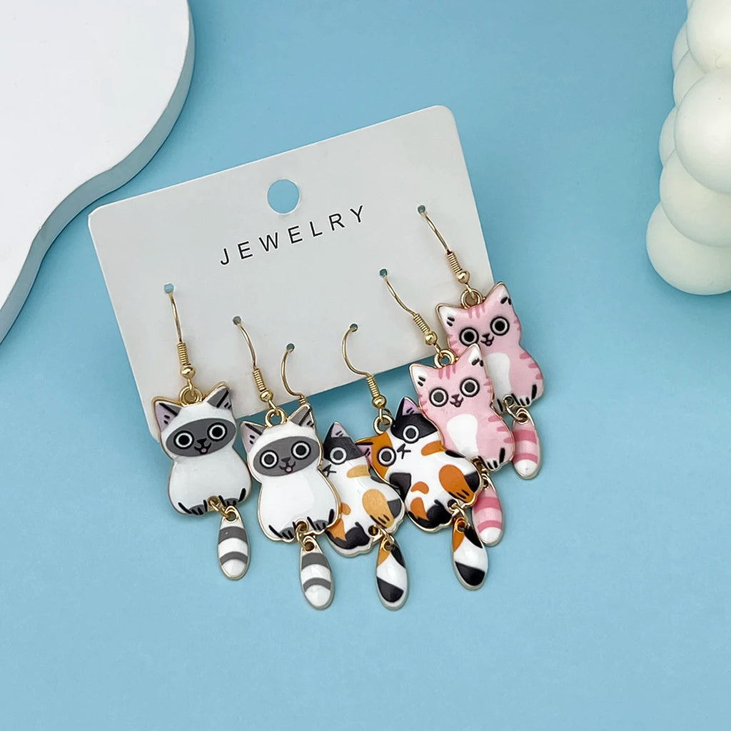 3 Pairs New Fun and Cute Enamel Alloy Hanging Tail Cat Dangle Earrings