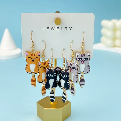3 Pairs New Fun and Cute Enamel Alloy Hanging Tail Cat Dangle Earrings