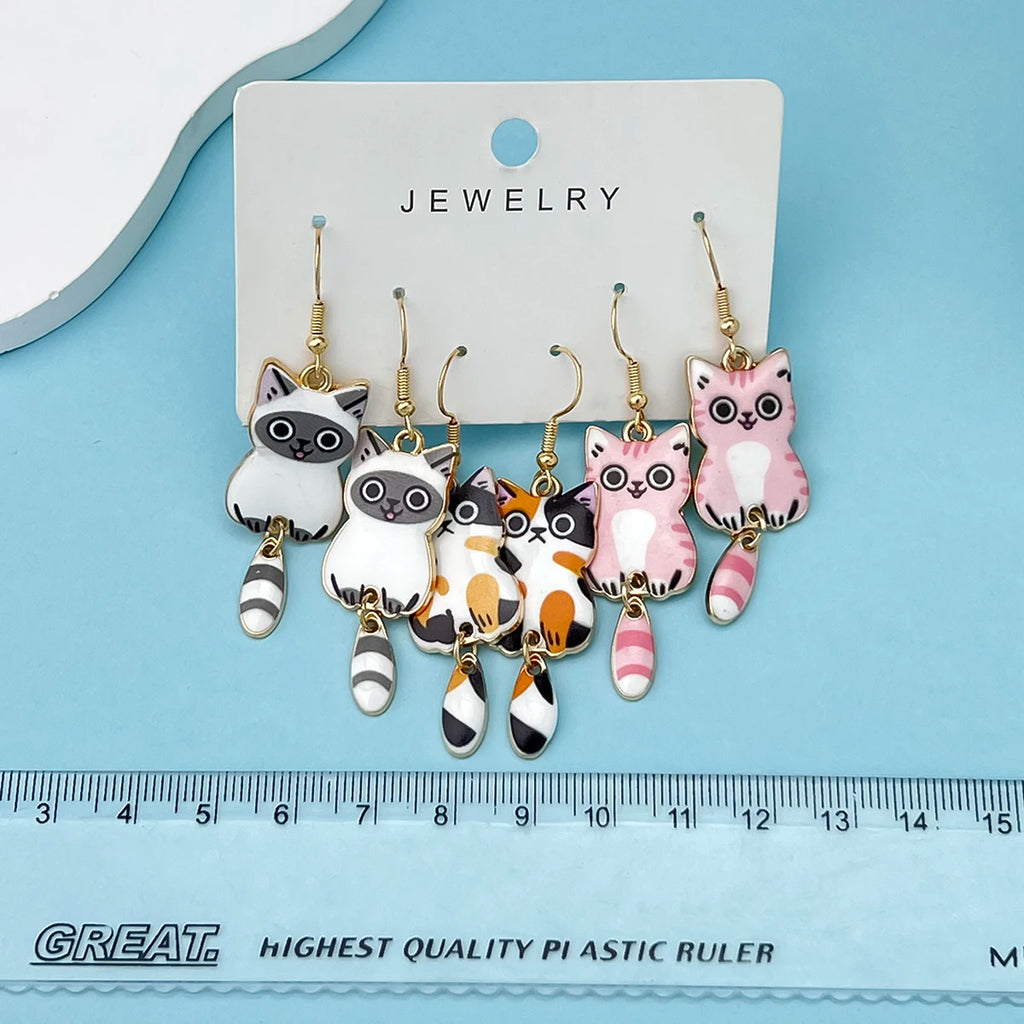 3 Pairs New Fun and Cute Enamel Alloy Hanging Tail Cat Dangle Earrings