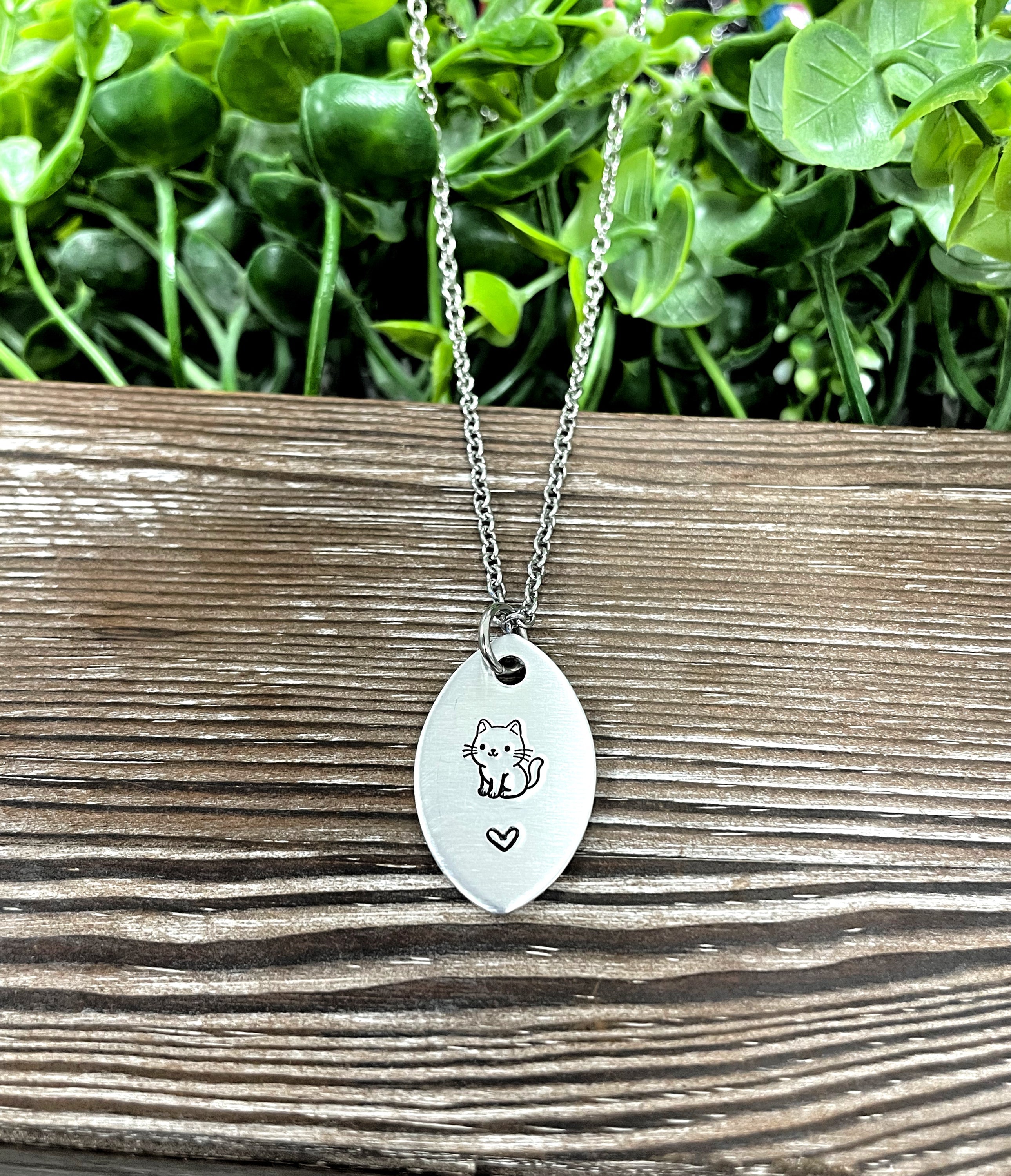 Cute Cat Heart Fun Animal Themed Hand Stamped Necklace